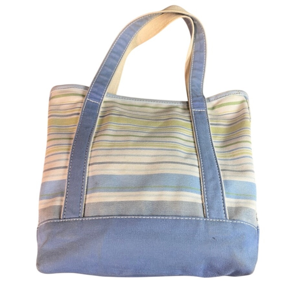 Lands End Canvas Tote Bag Blue White Green Striped Beach Market Shoulder Bag
